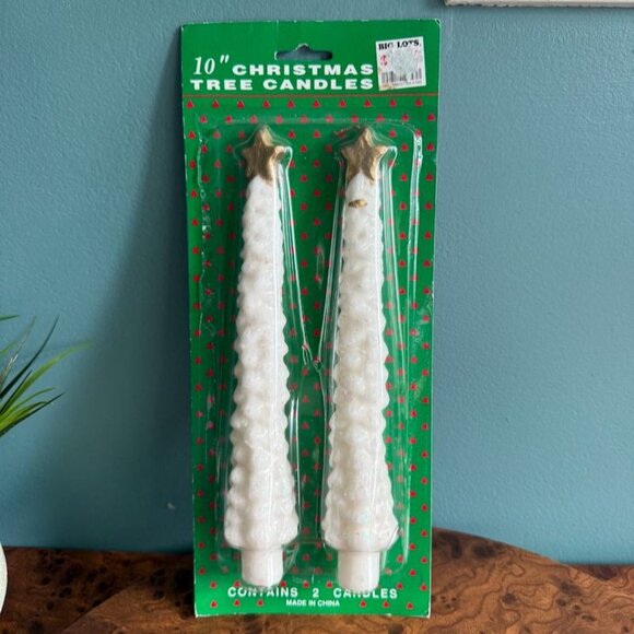 Vintage 10" Christmas Tree Candles  White Gold Taper w Star Topper Set Of 2 - Picture 3 of 6